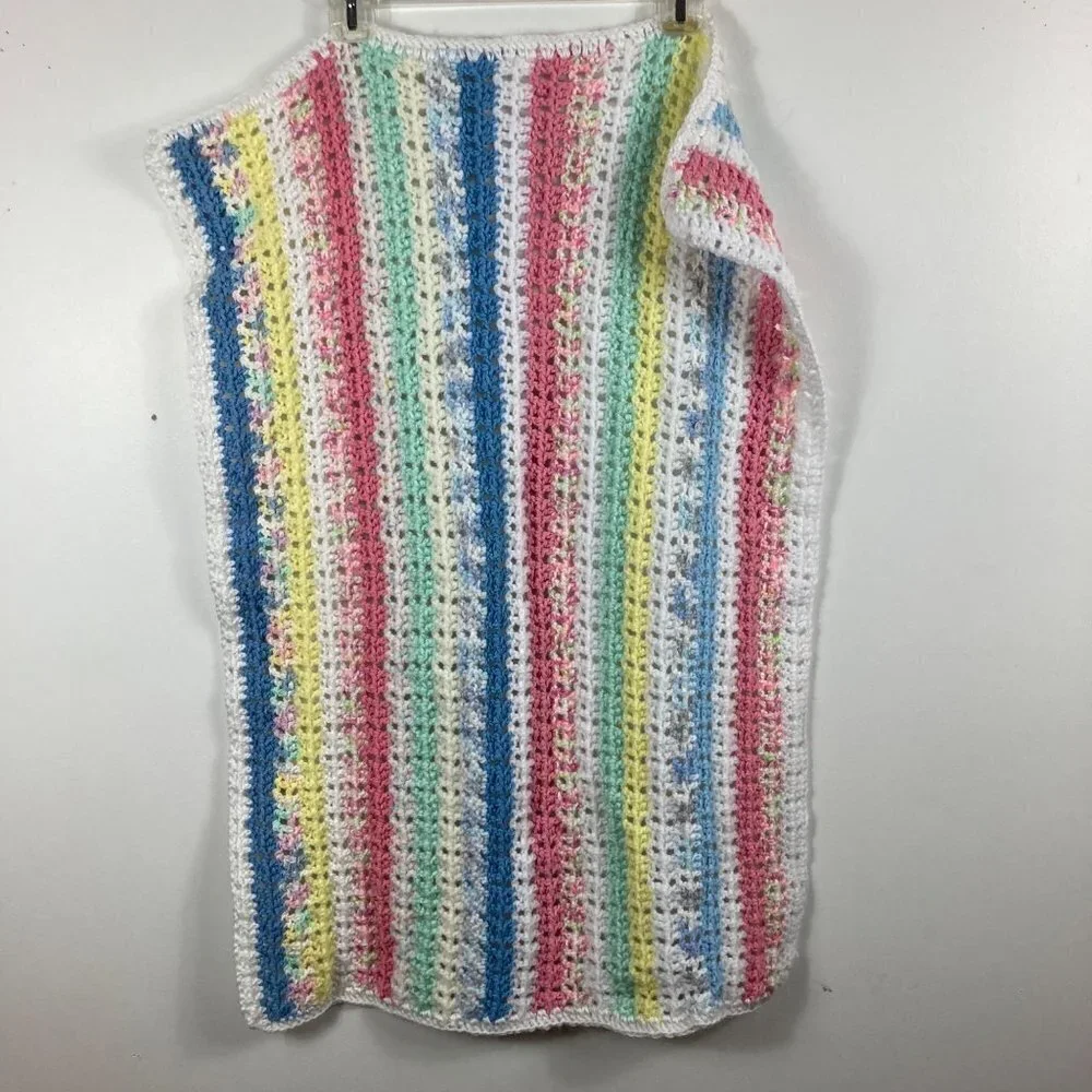 Handmade Crocheted Baby Receiving Blanket Multicolored Pastel & White Stripes 23